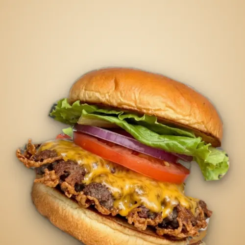A smash burger with crispy-edged beef, melted cheese, tomato, red onion and lettuce on a toasted bun