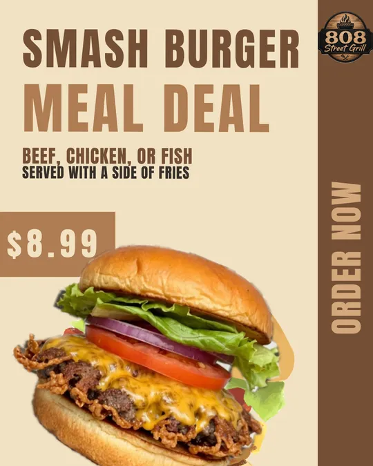 Smash Burger Meal Deal poster: $8.99 for a beef, chicken, or fish burger served with a side of fries. Order now.