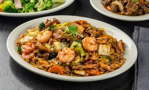 Lo mein noodles tossed with shrimp, beef, chicken and vegetables
