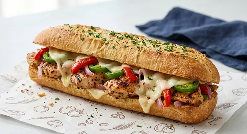 A toasted sub filled with grilled chicken, peppers, onions and melted cheese