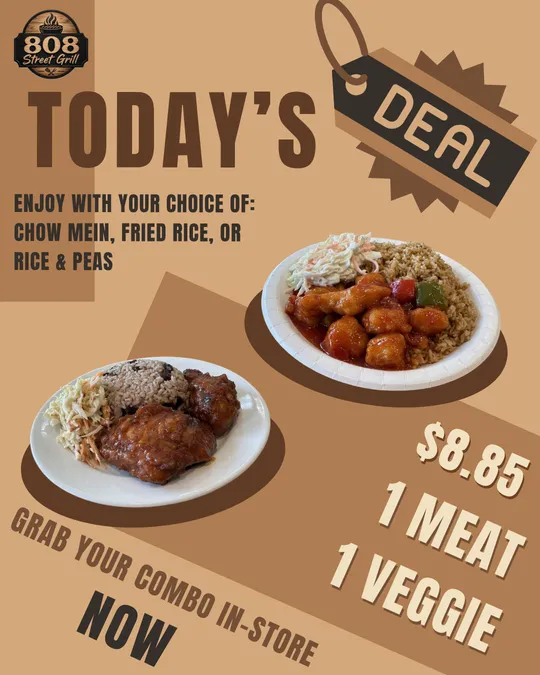 Today's Deal poster: $8.85 for 1 meat and 1 veggie, with your choice of chow mein, fried rice, or rice and peas. Grab your combo in-store now.